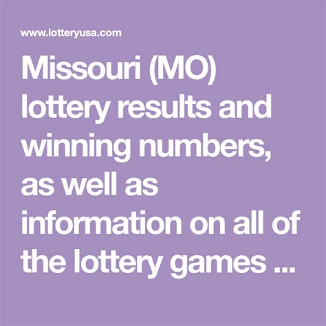Missouri state lottery numbers - 2 days ago · About the Missouri Lottery. The Missouri Lottery was founded in 1985 and is run by the Missouri Lottery Commission. In 1992 the voters passed an amendment agreeing that all MO Lottery’s proceeds should go toward the state’s public education programs. So far, the Lottery has contributed more than $7 billion to fund this cause. Missouri ... 